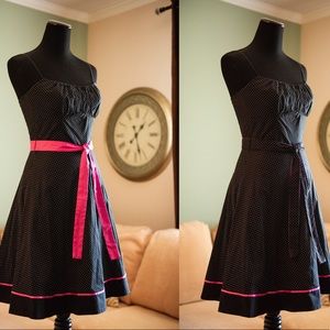 Ruby Rox Black Dress Polka-dot Pink Retro Tie EUC
